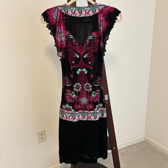 Custo Barcelona Black/Pink Butterfly Flutter Sleeve Dress Sz S - Picture 3 of 6